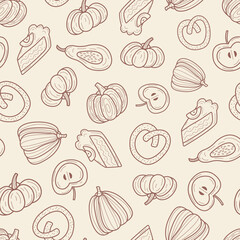 Vector pattern with pumpkin pie and pretzel Autumn pattern Pattern with food for textile paper.