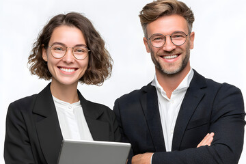 Obraz premium Two smiling, confident business partners or business people standing together and holding a tablet, isolated on transparent background