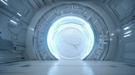 3D vault door with AI brain relief carving luminous outline security tech fusion illustration concept scene visual for commercial design use high detail quality stock image illustration concept scene 