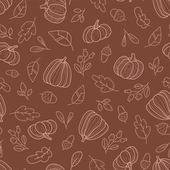 Vector pattern with pumpkins, leaves, acorns, and twigs is an autumn pattern for paper textiles.
