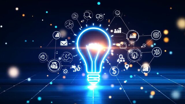 A glowing lightbulb radiates ideas connected to icons representing analysis, goals, innovation, and growth. Blue grid on a dark background