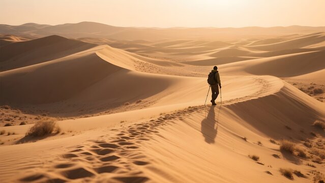 A lone traveler treks across vast sand dunes under a golden sunset sky. - Powered by Adobe