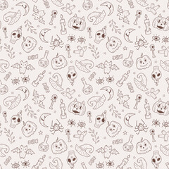 Vector pattern for Halloween, seamless background with a pattern. Pumpkin, ghost, bat, spider Vector illustration of fabric wallpaper texture for printing.