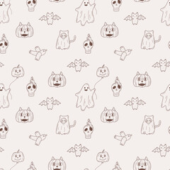 Vector pattern for Halloween, seamless background with a pattern. Pumpkin, ghost, bat, Vector illustration of fabric wallpaper texture for printing.