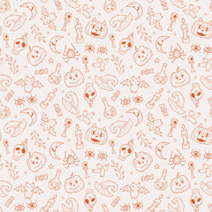 Vector pattern for Halloween, seamless background with a pattern. Pumpkin, ghost, bat, spider Vector illustration of fabric wallpaper texture for printing.