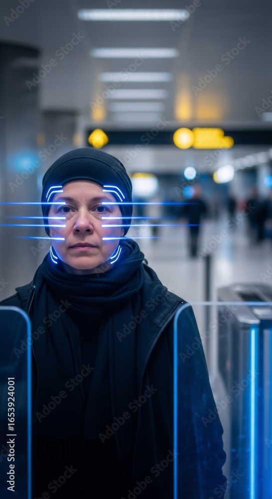 Poster woman using biometric facial recognition system at turnstile for secure access. digital id verificat