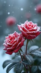 Close-up of delicate white snowflakes dusting vibrant red roses in frozen winter garden. Ice crystals coat petals, dark green leaves, creating cold, beautiful contrast. Soft bokeh background with