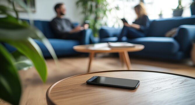 Modern Living Room Interior Design with Couple Relaxing on Sofa and Smartphone on Side Table
