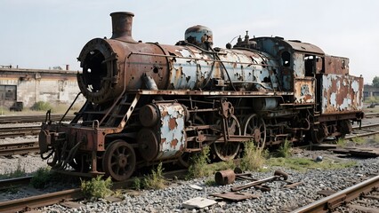 Obraz premium Rusty Abandoned Steam Locomotive on Railway Tracks
