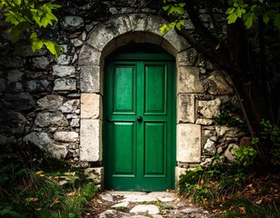 An ancient, weathered stone wall, enclosing a vibrant green door