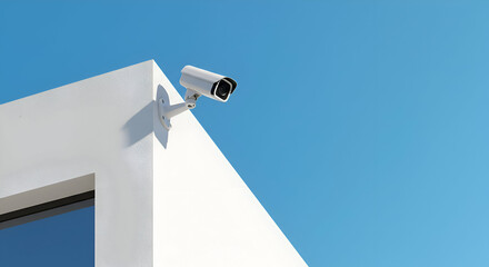White security camera mounted on a corner of a white building against a clear blue sky. Modern security camera mounted on a building exterior.
