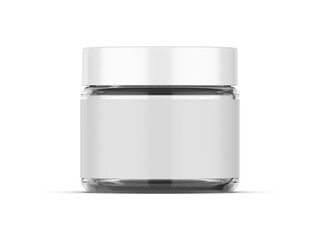 Obraz na płótnie Canvas Transparent cosmetic jar mockup with paper label on isolated white background, 3d illustration
