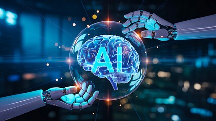 Fototapeta premium Artificial intelligence brain hologram held by futuristic robotic hands 