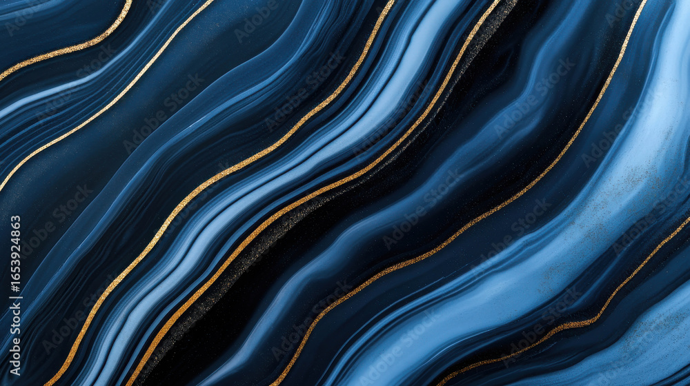 Poster elegant abstract wave patterns in deep blue tones with intricate golden accents creating a luxurious