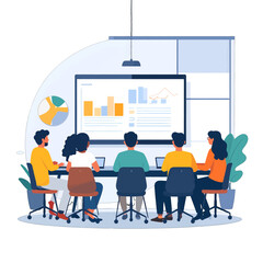 Diverse Team in Business Meeting Analyzing Graphs on Display in Bright Office Setting and Casual Attire For Effective Corporate Strategy Presentation