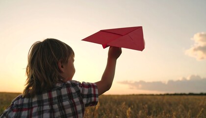 Child flying paper airplane at sunset