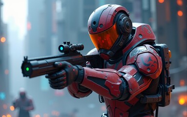 sci-fi gaming character in futuristic suit aiming weapon,shooting gun,illustration. High quality