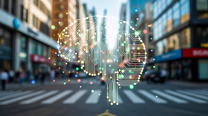 Artificial intelligence brain hologram with digital lights in city street
