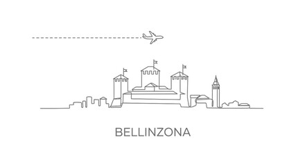 Obraz premium Bellinzona skyline vector line art with aircraft.