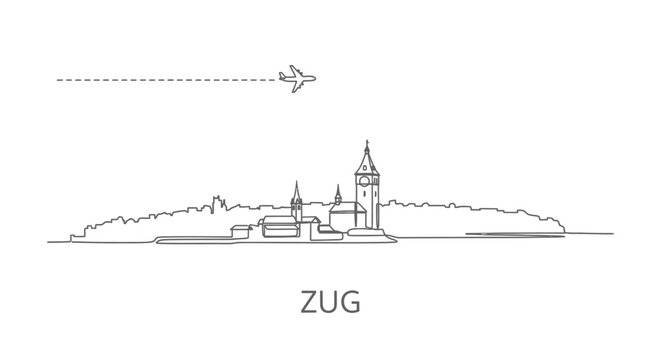 Zug City Skyline with Line Art, and Plane.