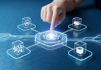 A businessman's hand connects to a global social network on a digital screen, symbolizing modern business communication and technology