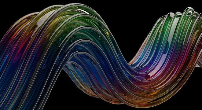 Colorful, glowing fractal lines create an abstract wave of light, a dynamic energy motion design against a dark futuristic background