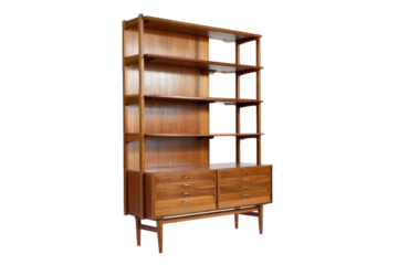 Mid-century modern wooden bookcase.  Tall,  vertical,  multi-shelf unit with  open and closed compartments.  Light-brown wood finish.  Simple, clean lines.  Drawers at base