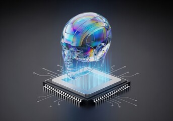 A futuristic digital concept showing a human skull with a circuit board, a globe, and data flowing across a computer screen