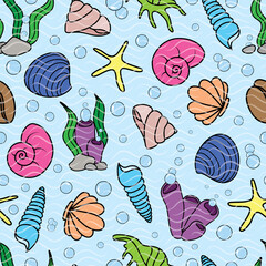 Raster illustration. Colorful hand drawn cartooned seashell pattern with wave texture on light blue background. Seamless repeat pattern.