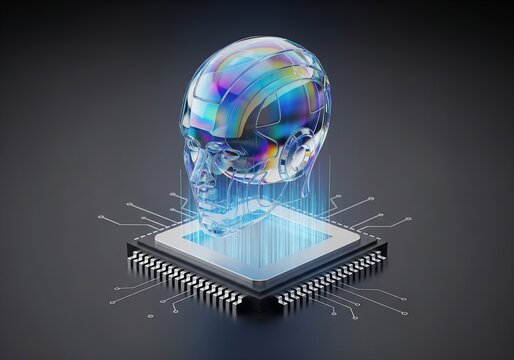 A futuristic digital concept showing a human skull with a circuit board, a globe, and data flowing across a computer screen