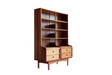 Mid-century modern bookcase with two drawers.  Solid wood, light brown,  with  compartments, shelves, and  simple design