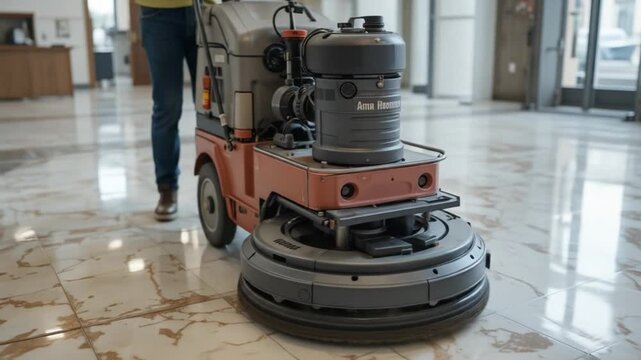 Floor maintenance cleaning service with professional machine cleaning marble floors at the hall