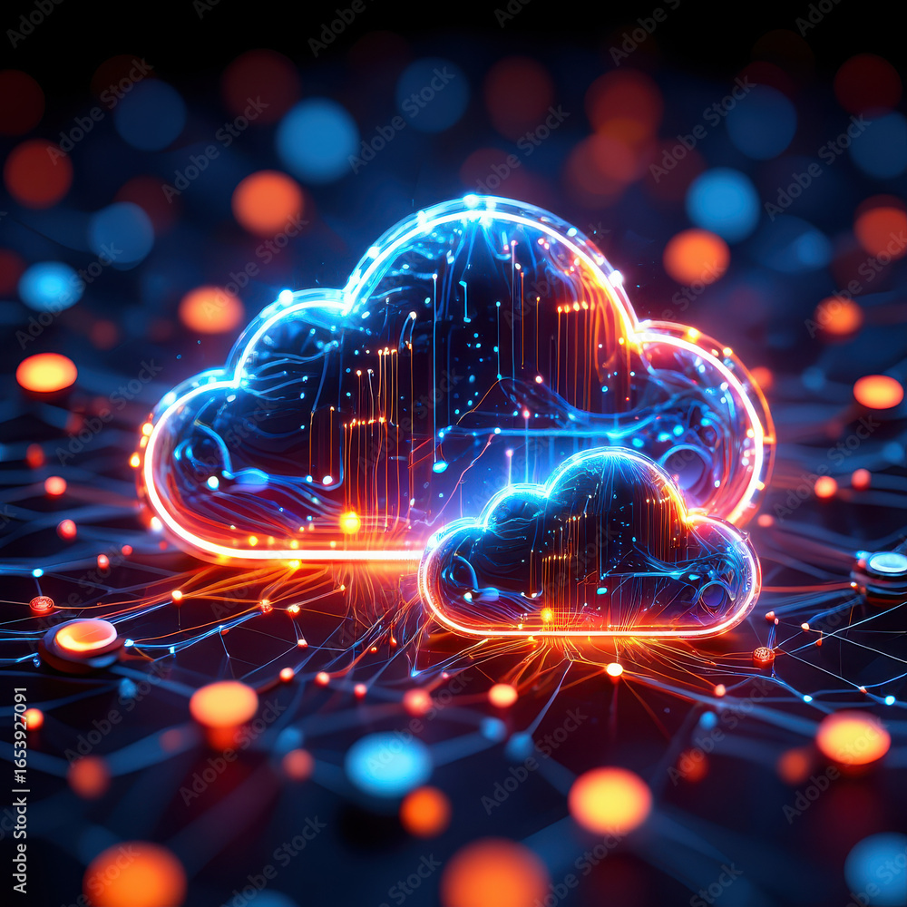Aufkleber two glowing cloud shapes connected by a network of lines and dots on a dark background with bokeh li
