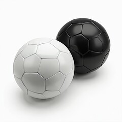 Two soccer balls, one black and one white, rest on a clean white surface. Their classic hexagonal panel design is clearly visible. This minimalist graphic highlights contrast and sport.