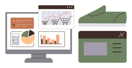 Computer screen displaying analytics, shopping cart, and sales graphs. Includes storefront interface and sneaker. Ideal for e-commerce, online retail, marketing, analytics, sales shopping trends