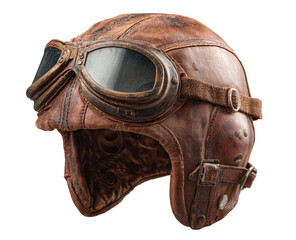 Aged brown leather aviator helmet with goggles