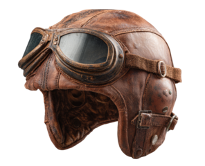 Aged brown leather aviator helmet with goggles