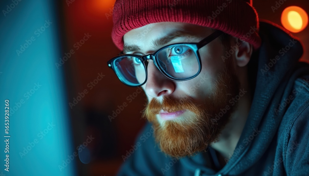 Poster bearded man in red hat, goggles intensely focused on computer screen at night. represents programmer