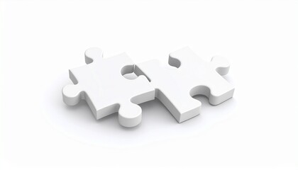 Minimalist 3D rendering of two white jigsaw puzzle pieces joining together, symbolizing unity, completion, and successful partnership