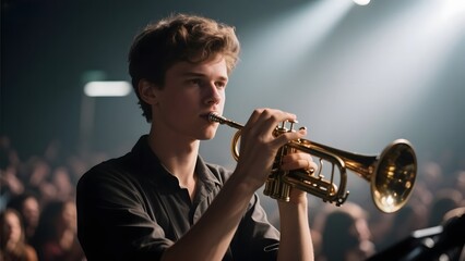 Obraz premium A musician passionately playing a trumpet on stage under bright lights.