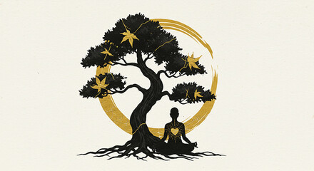 Serene Silhouette Meditating Under a Bonsai Tree with a Golden Enso Circle