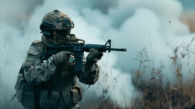 Soldier In camouflage uniform on patrol rifle 4K Videos