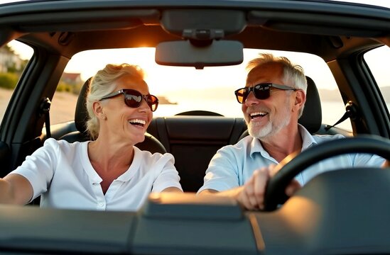 Happy senior european couple in sunglasses having fun driving on new luxury car, enjoying music, singing and smiling, spouses going on vacation