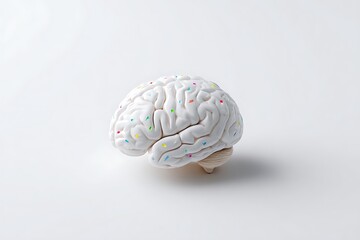 A brain model with highlighted areas indicating memory and focus, set on a simple white background