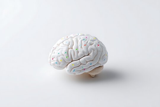 A brain model with highlighted areas indicating memory and focus, set on a simple white background