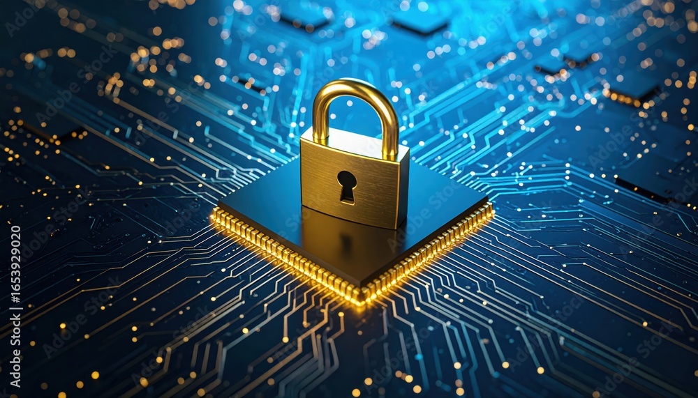 Poster a golden padlock atop a microchip on a circuit board, symbolizing cybersecurity, encryption, and har