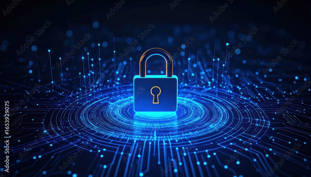 Poster a glowing padlock centered in a futuristic digital circuit, symbolizing cybersecurity, data protecti