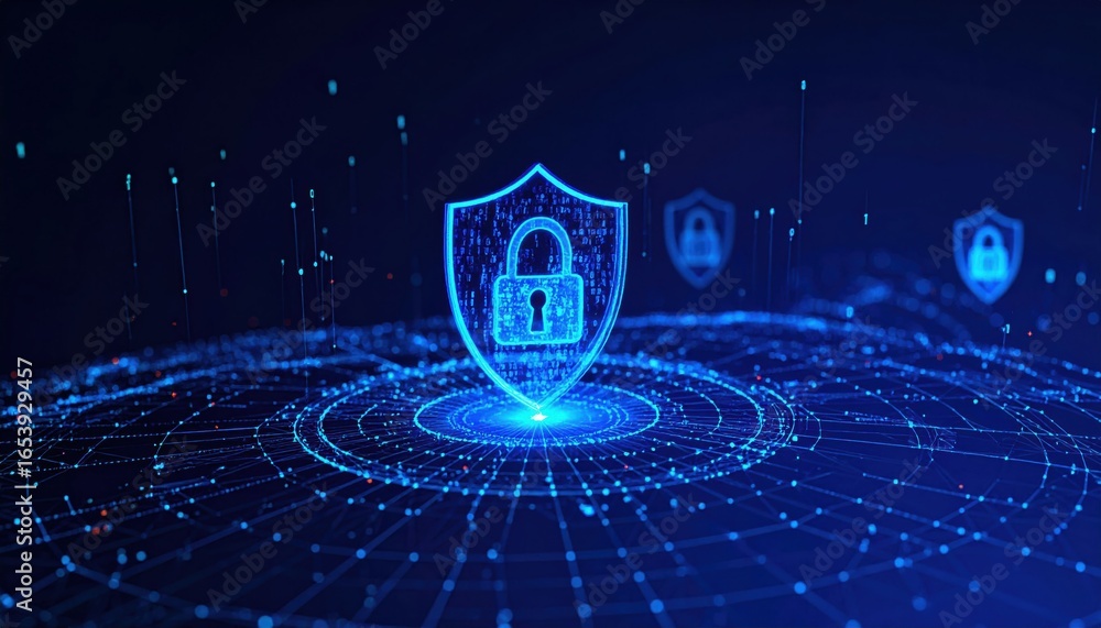 Aufkleber glowing digital shield with a padlock hovers over a network grid, symbolizing cybersecurity, data pr
