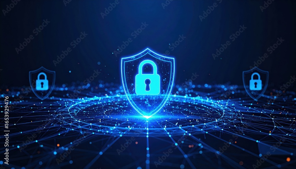Poster glowing blue shield icons with padlocks hover over a connected digital network, symbolizing cybersec