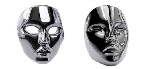 Futuristic glossy chrome metal face mask set isolated on a transparent background